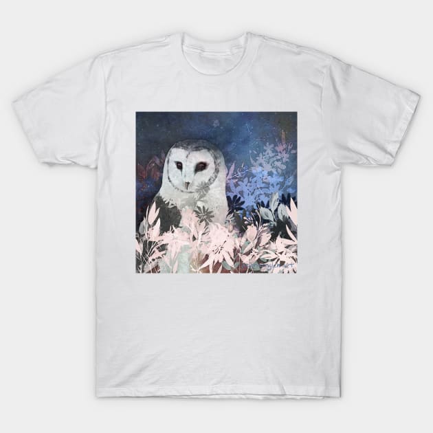 Winter Barn Owl in Flower Field Negative Painting T-Shirt by venglehart